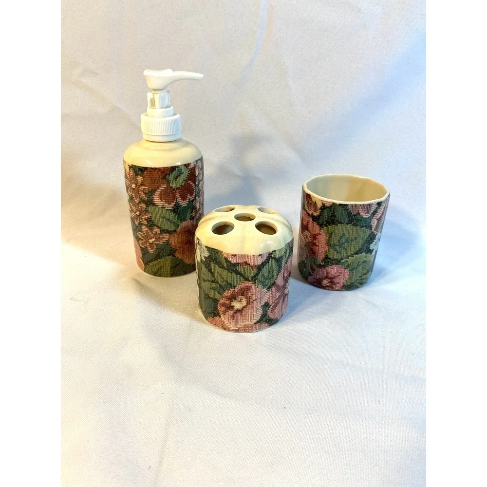 3 piece vintage FLORAL bathroom accessories soap dispenser cup toothbrush holder